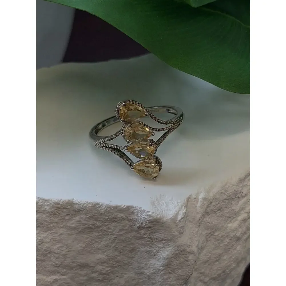 925 Sterling Silver Pear Cut 4 Stones Yellow Citrine Ring Size 10